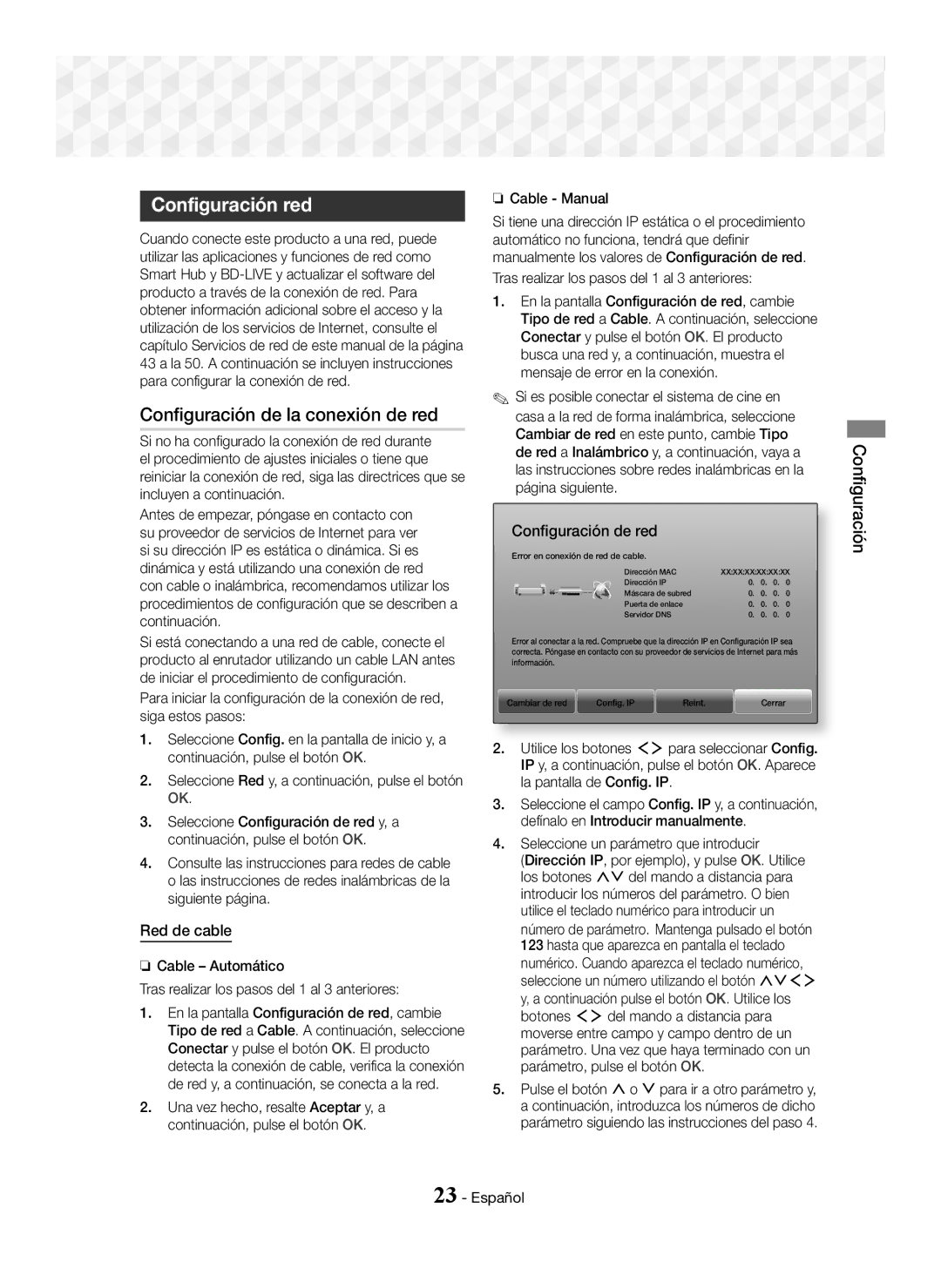 Samsung HT-J7750W/ZF manual Configuración red, Configuración de la conexión de red, Red de cable, Configuración de red 