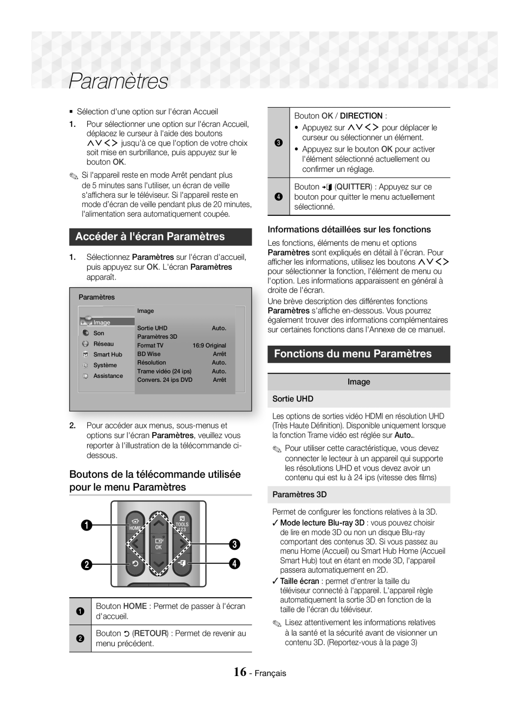 Samsung HT-J7500W/ZF Accéder à lécran Paramètres, Fonctions du menu Paramètres, Informations détaillées sur les fonctions 