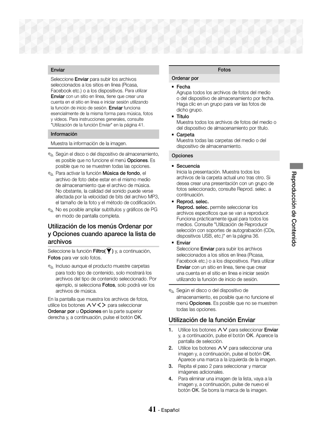 Samsung HT-J7750W/ZF, HT-J7500W/ZF manual Utilización de la función Enviar, Información Muestra la información de la imagen 