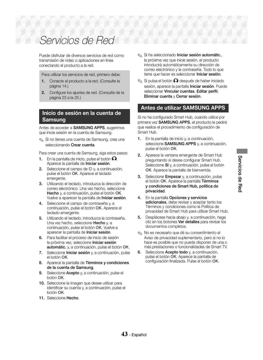 Samsung HT-J7750W/ZF manual Inicio de sesión en la cuenta de Samsung, Antes de utilizar Samsung Apps, Servicios de Red 