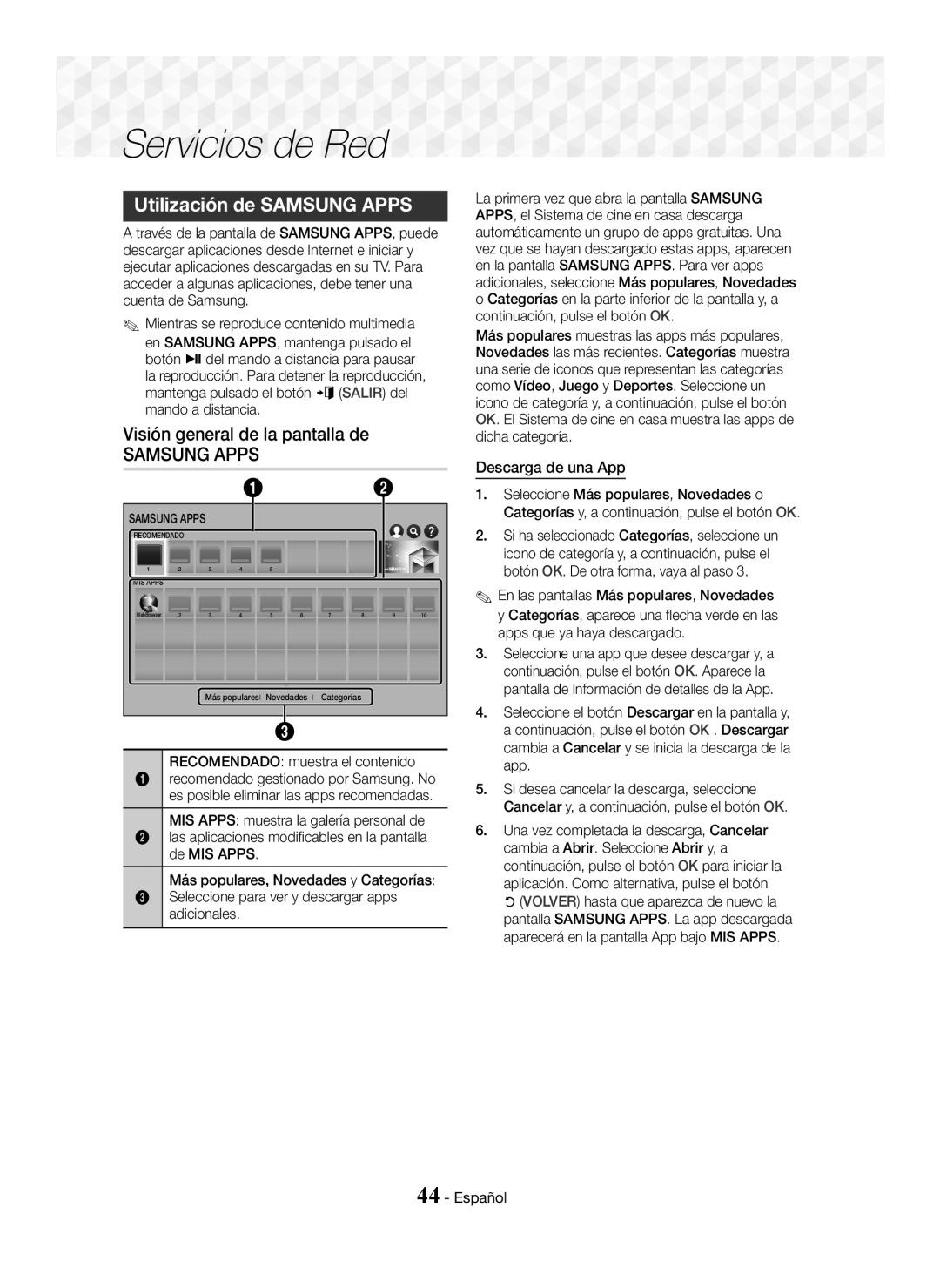 Samsung HT-J7500W/ZF, HT-J7750W/ZF manual Utilización de Samsung Apps, Visión general de la pantalla de, Descarga de una App 