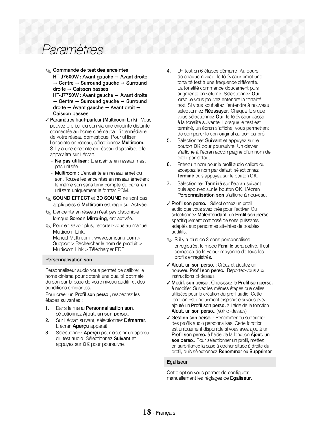 Samsung HT-J7500W/ZF, HT-J7750W/ZF manual Caisson basses, Ne pas utiliser Lenceinte en réseau nest pas utilisée, Egaliseur 
