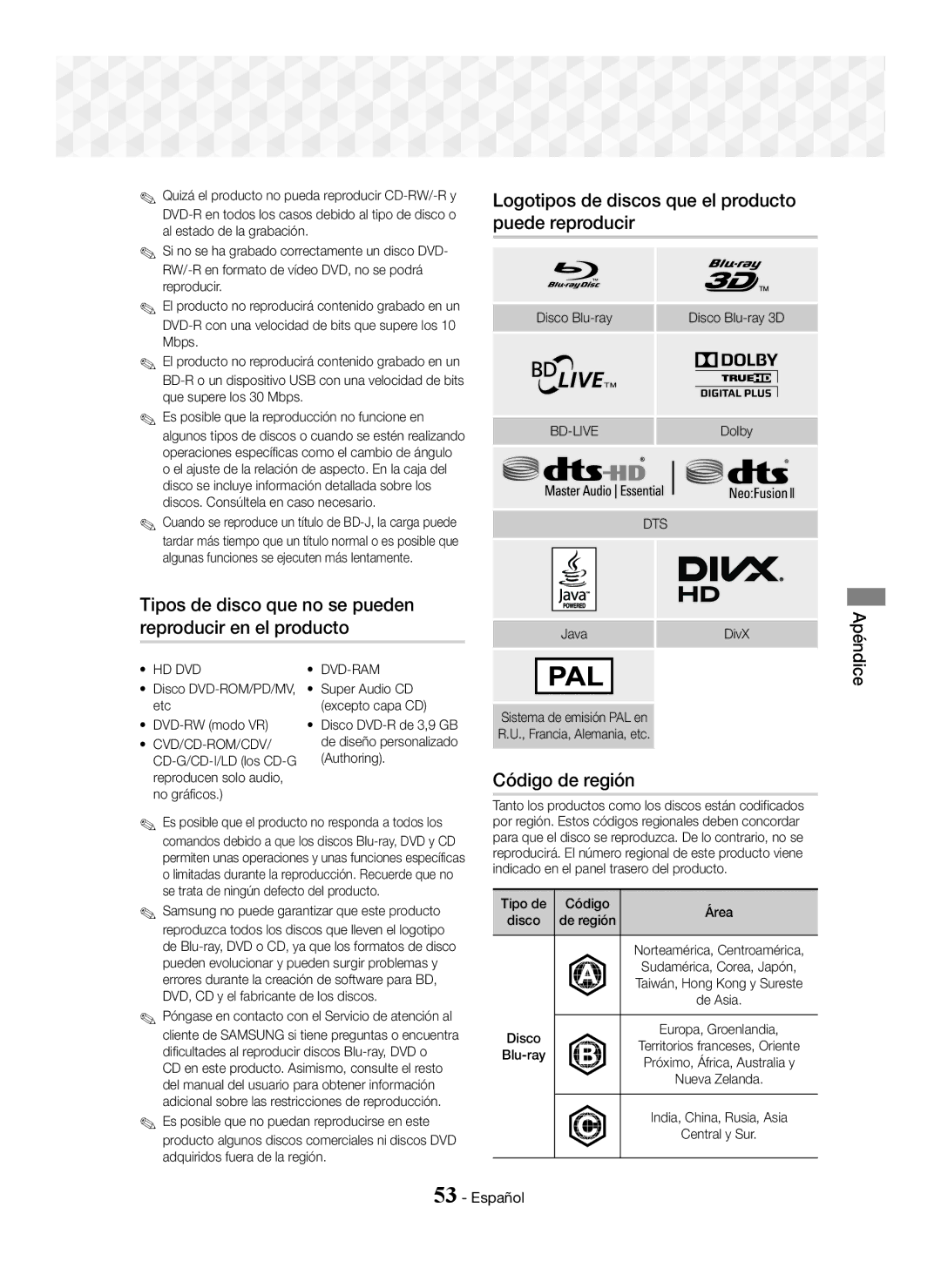 Samsung HT-J7750W/ZF, HT-J7500W/ZF manual Tipos de disco que no se pueden reproducir en el producto, Código de región 