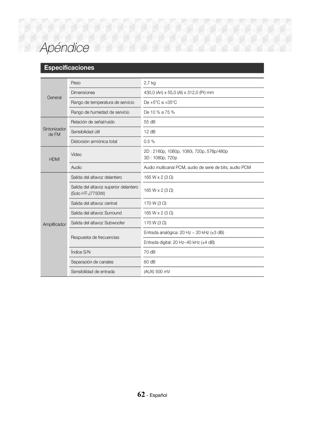 Samsung HT-J7500W/ZF, HT-J7750W/ZF manual Especificaciones 