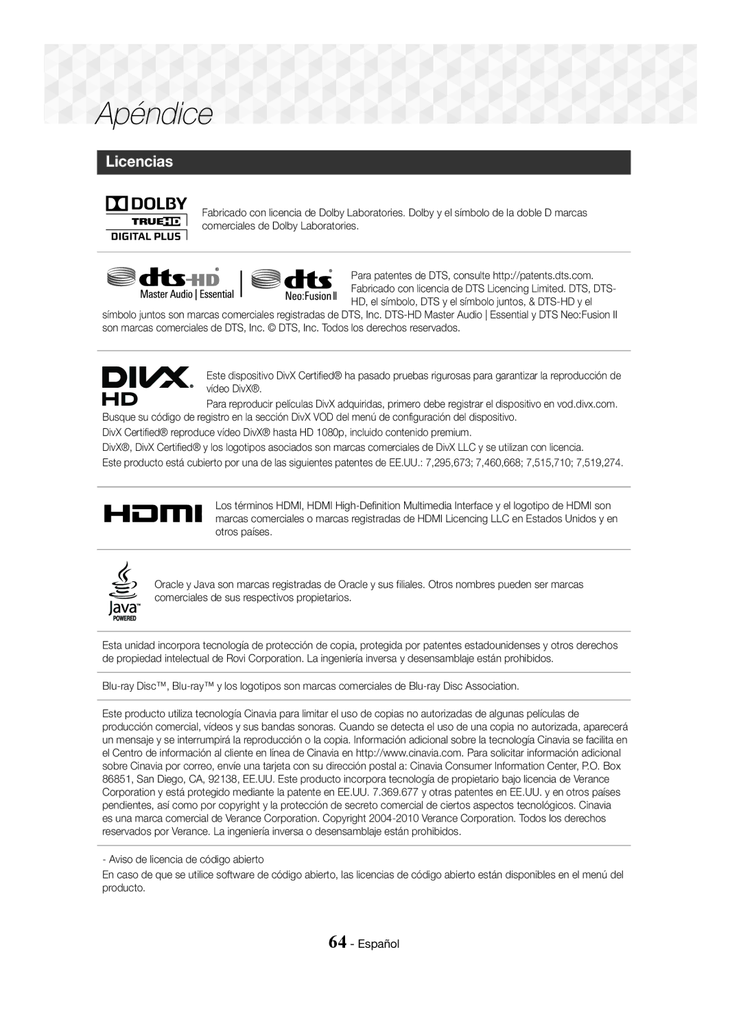 Samsung HT-J7500W/ZF, HT-J7750W/ZF manual Licencias 