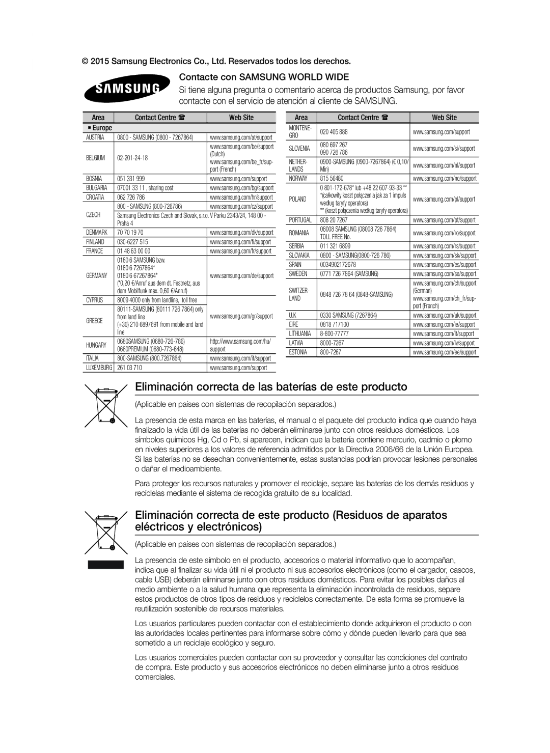 Samsung HT-J7750W/ZF, HT-J7500W/ZF Eliminación correcta de las baterías de este producto, Contacte con Samsung World Wide 