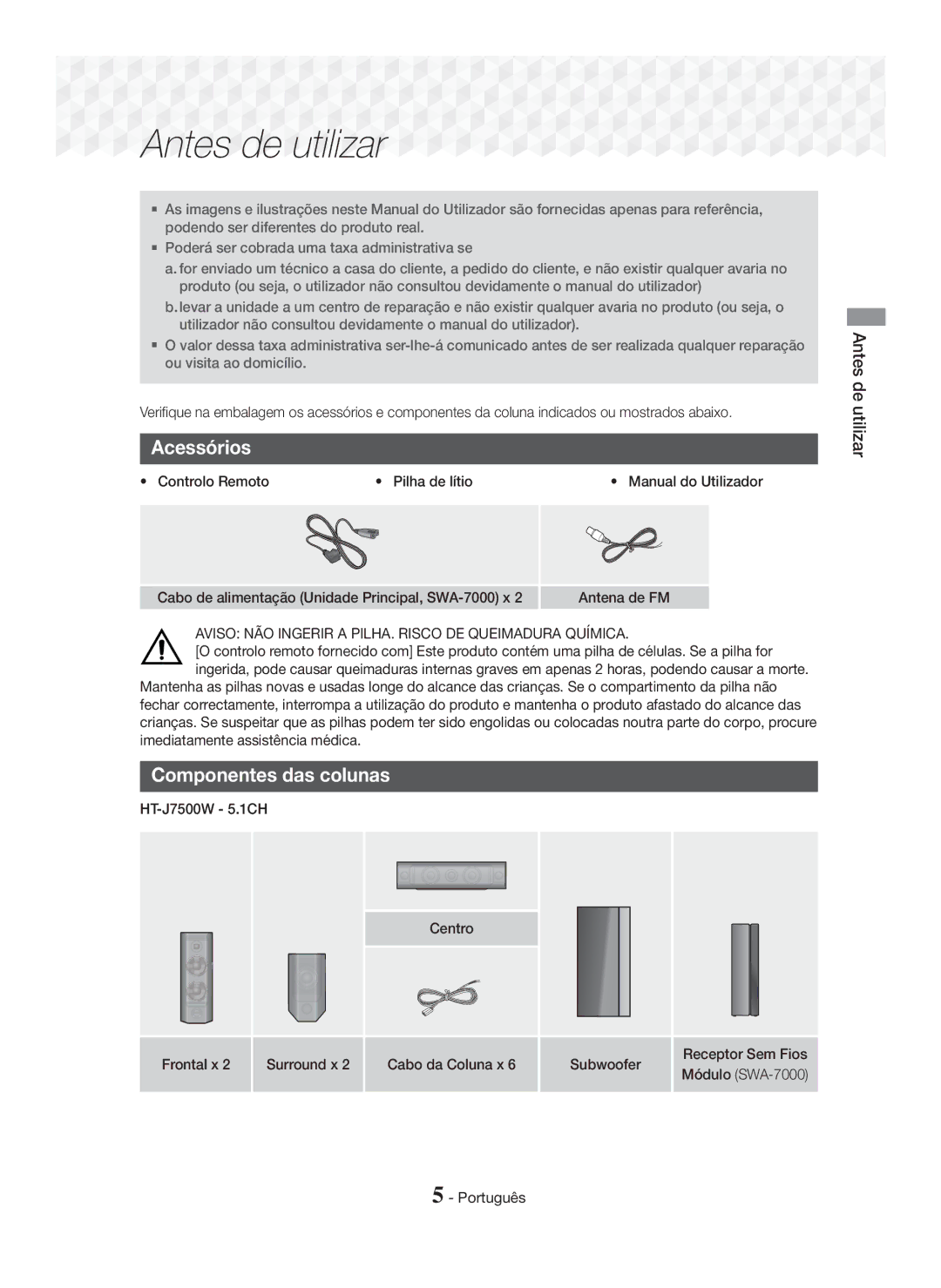 Samsung HT-J7500W/ZF, HT-J7750W/ZF Acessórios, Componentes das colunas, Antes de utilizar, Controlo Remoto Pilha de lítio 