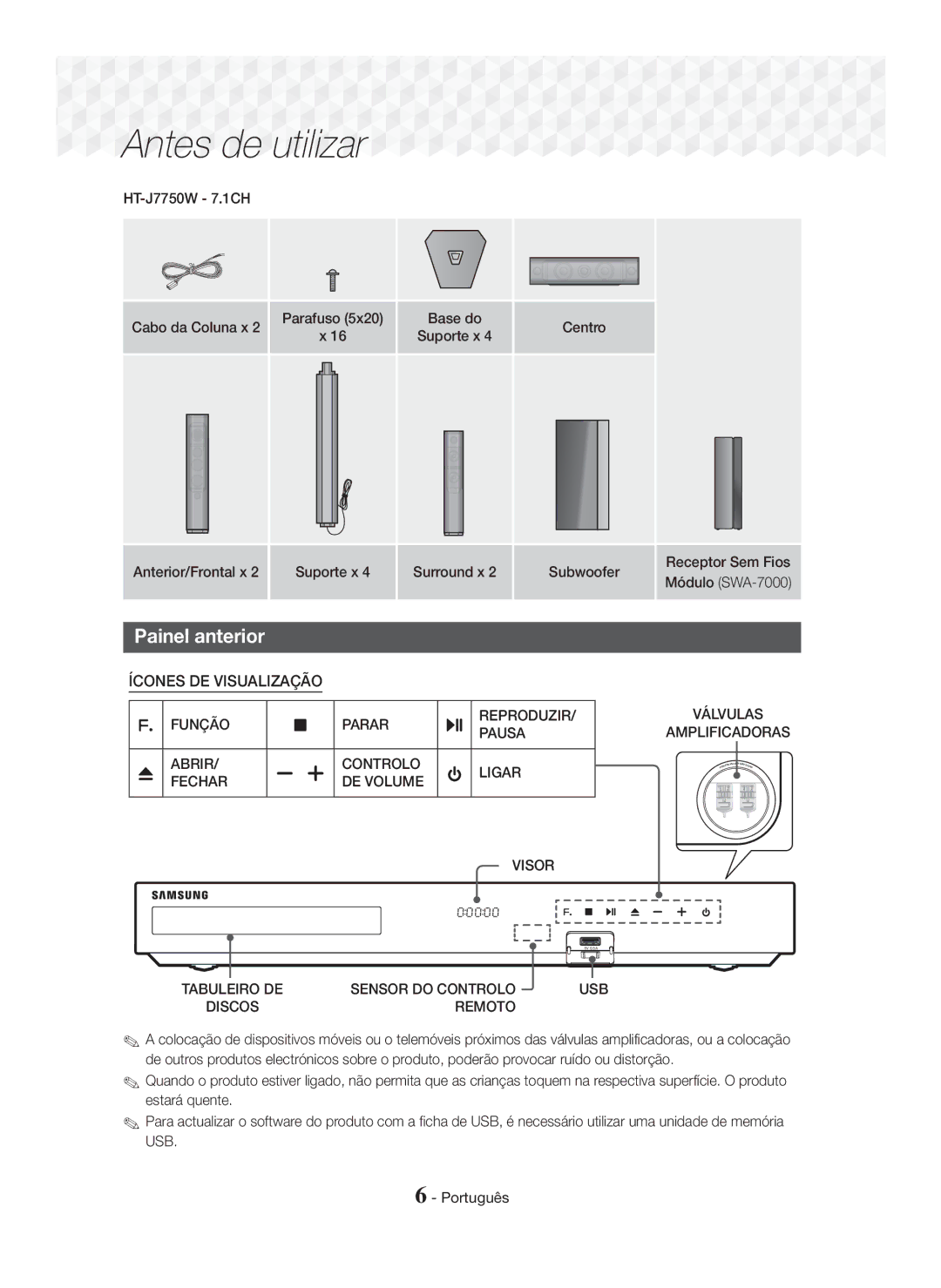 Samsung HT-J7750W/ZF, HT-J7500W/ZF manual Painel anterior, HT-J7750W 7.1CH Cabo da Coluna x, Anterior/Frontal x 