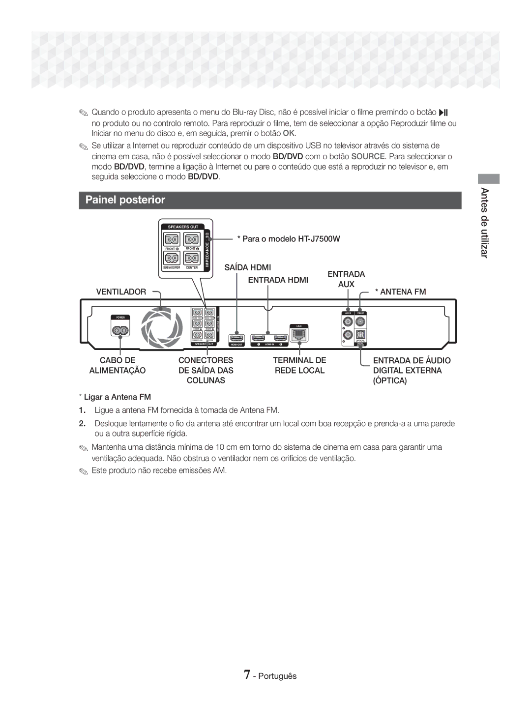 Samsung HT-J7500W/ZF, HT-J7750W/ZF manual Painel posterior, Para o modelo HT-J7500W, Este produto não recebe emissões AM 