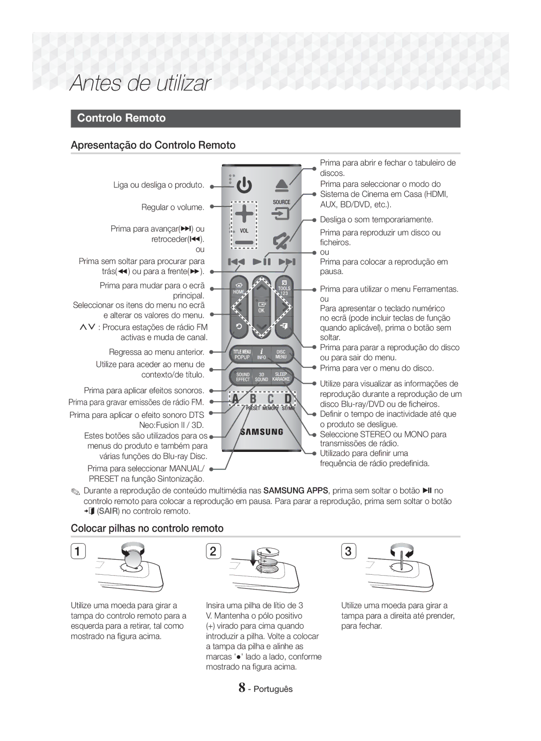 Samsung HT-J7750W/ZF, HT-J7500W/ZF manual Apresentação do Controlo Remoto, Colocar pilhas no controlo remoto 