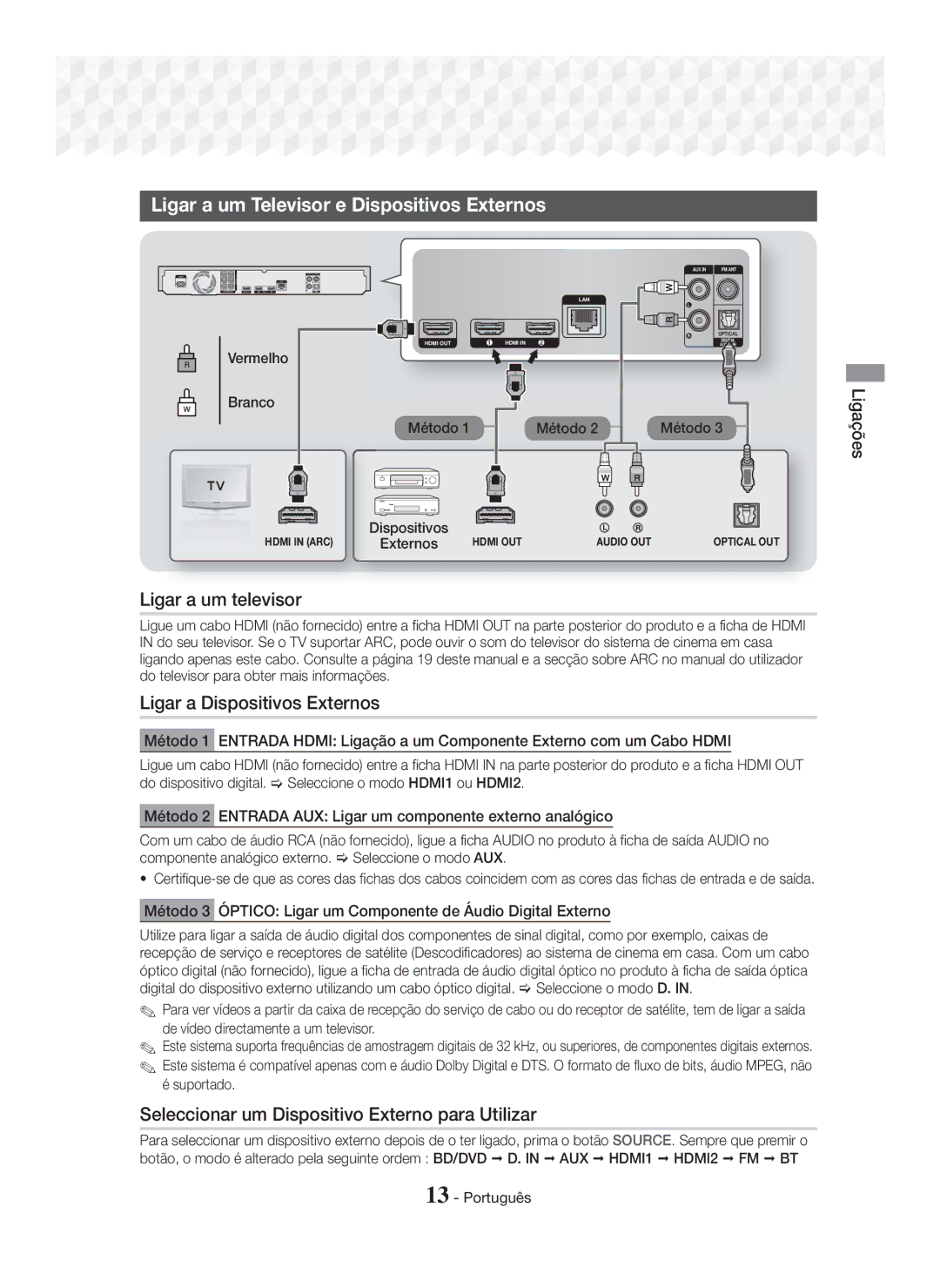 Samsung HT-J7500W/ZF Ligar a um Televisor e Dispositivos Externos, Ligar a um televisor, Ligar a Dispositivos Externos 