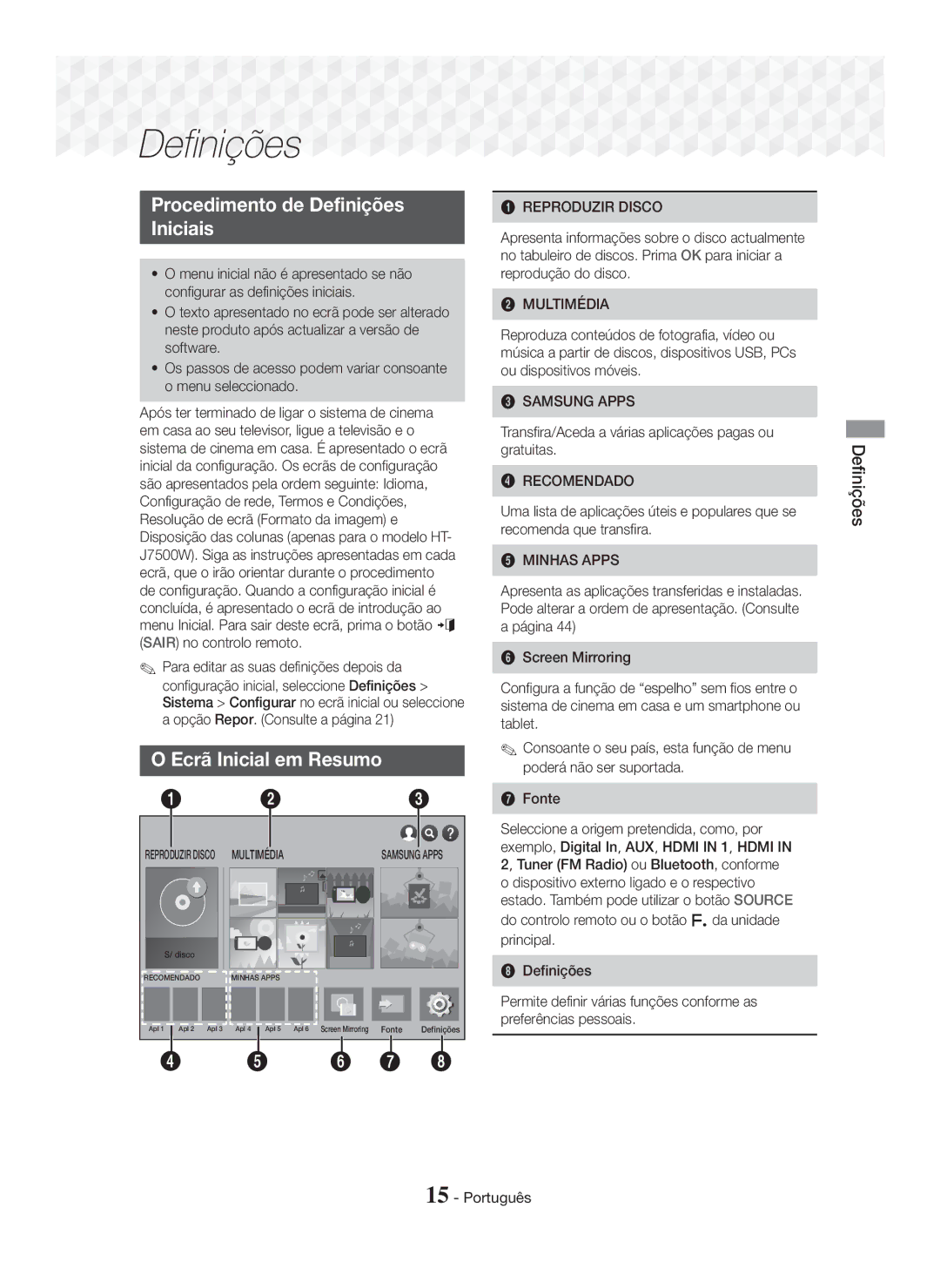 Samsung HT-J7500W/ZF, HT-J7750W/ZF manual Procedimento de Definições Iniciais, Ecrã Inicial em Resumo, Multimédia 