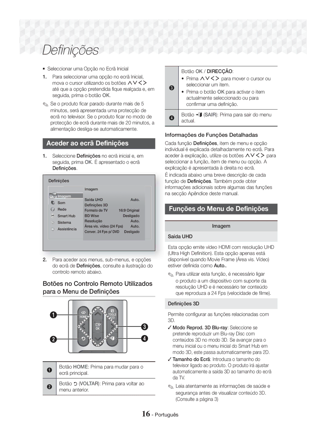 Samsung HT-J7750W/ZF manual Aceder ao ecrã Definições, Funções do Menu de Definições, Informações de Funções Detalhadas 