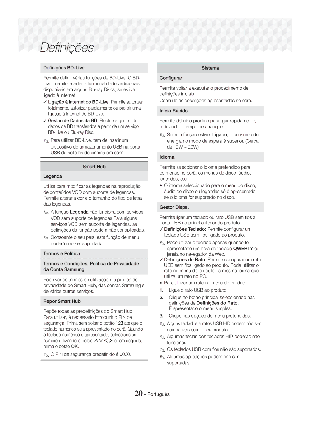 Samsung HT-J7750W/ZF, HT-J7500W/ZF manual Definições BD-Live, Gestor Disps 