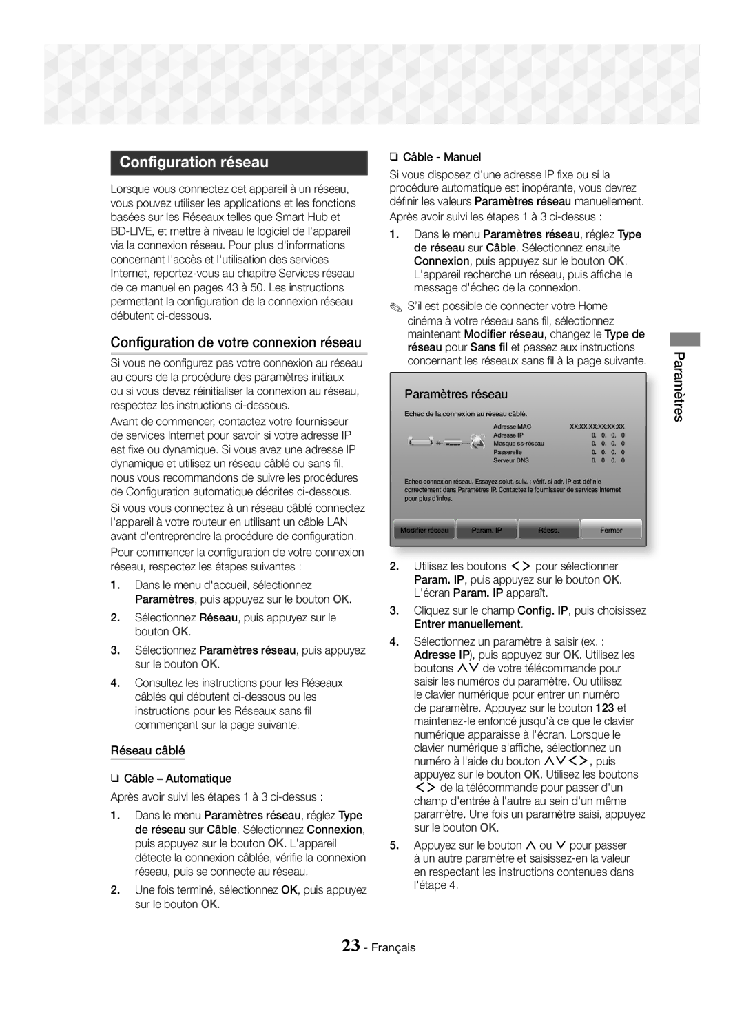 Samsung HT-J7750W/ZF manual Configuration réseau, Configuration de votre connexion réseau, Réseau câblé, Paramètres réseau 