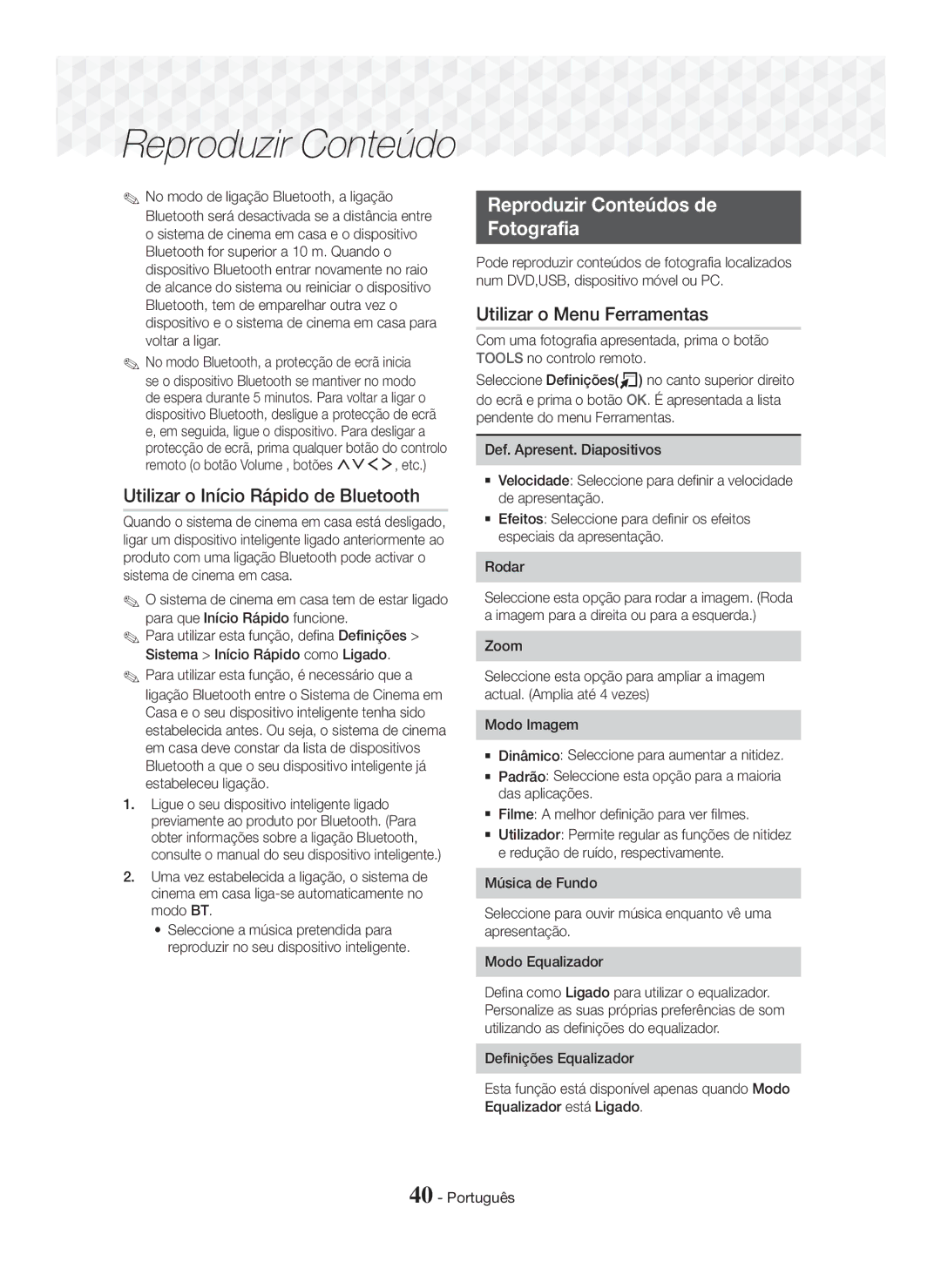 Samsung HT-J7750W/ZF, HT-J7500W/ZF manual Utilizar o Início Rápido de Bluetooth, Reproduzir Conteúdos de Fotografia 