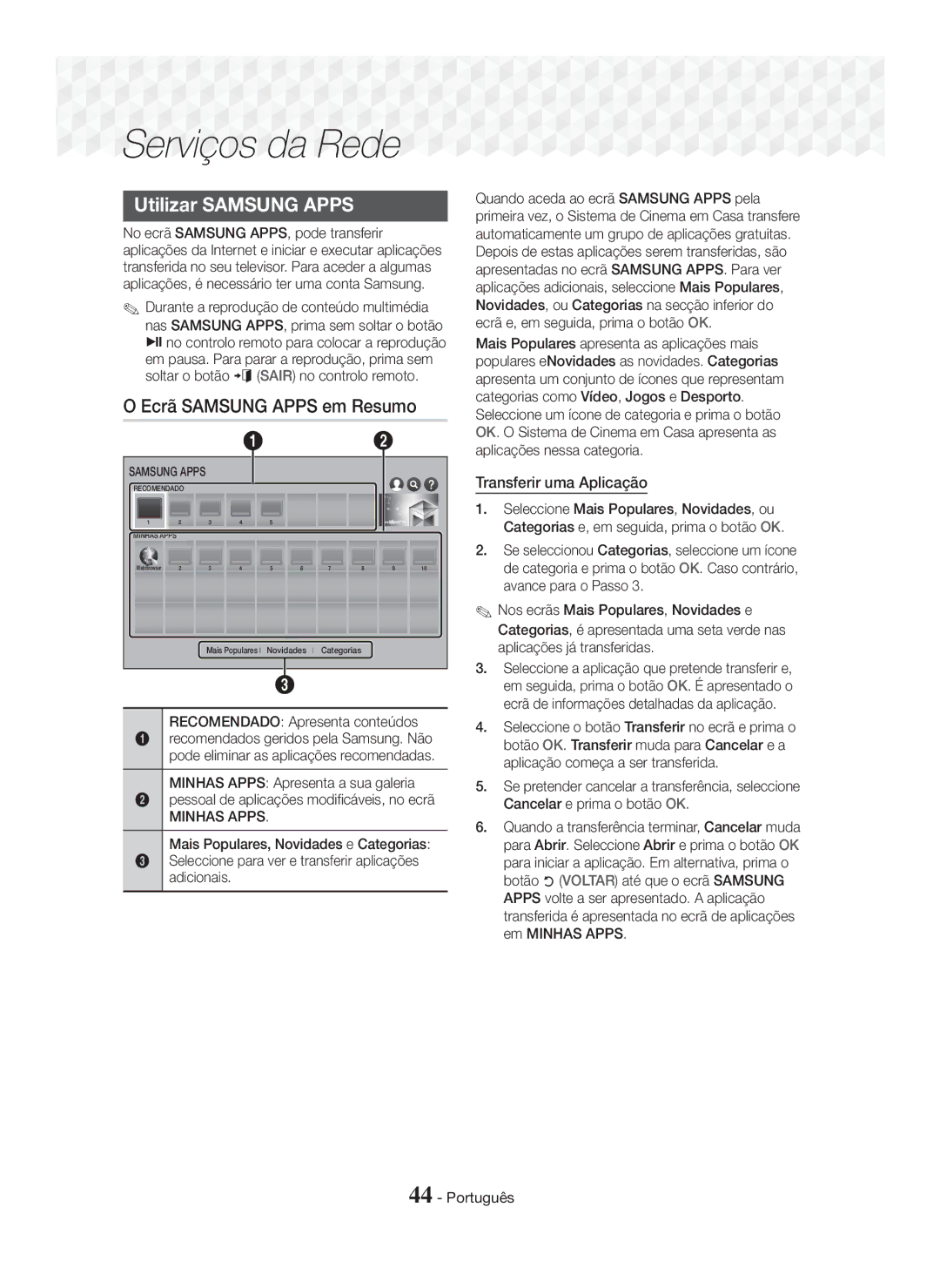 Samsung HT-J7750W/ZF, HT-J7500W/ZF manual Utilizar Samsung Apps, Ecrã Samsung Apps em Resumo, Transferir uma Aplicação 