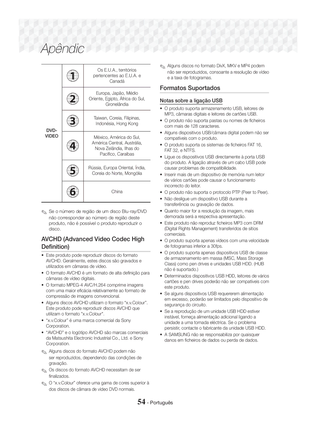 Samsung HT-J7750W/ZF, HT-J7500W/ZF manual Formatos Suportados, Notas sobre a ligação USB 