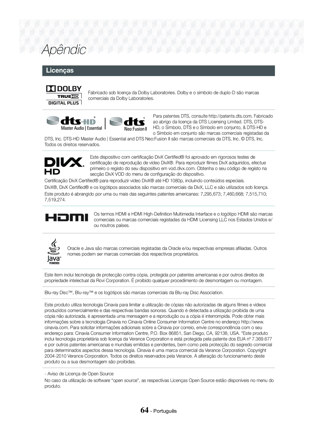 Samsung HT-J7750W/ZF, HT-J7500W/ZF manual Licenças 