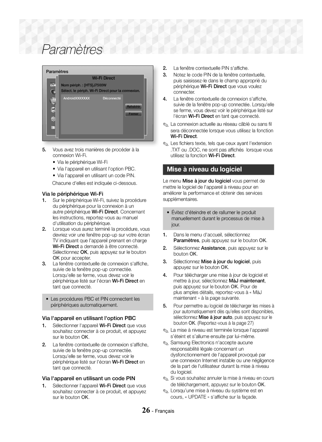 Samsung HT-J7500W/ZF manual Mise à niveau du logiciel, Via le périphérique Wi-Fi, Via lappareil en utilisant loption PBC 