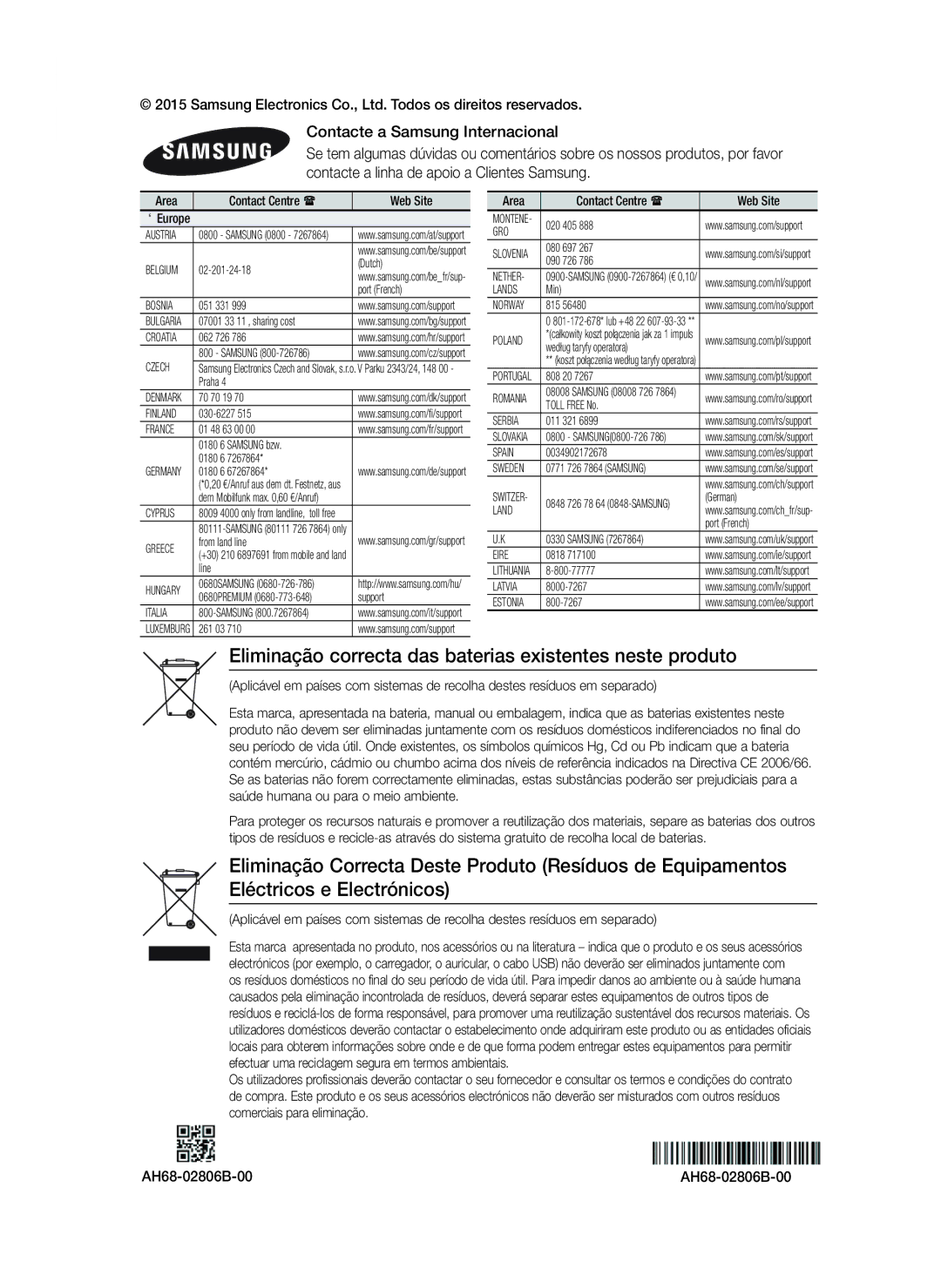 Samsung HT-J7500W/ZF, HT-J7750W/ZF manual Eliminação correcta das baterias existentes neste produto, AH68-02806B-00 