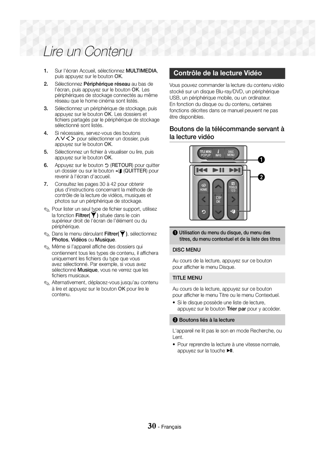 Samsung HT-J7500W/ZF, HT-J7750W/ZF Contrôle de la lecture Vidéo, Boutons de la télécommande servant à la lecture vidéo 