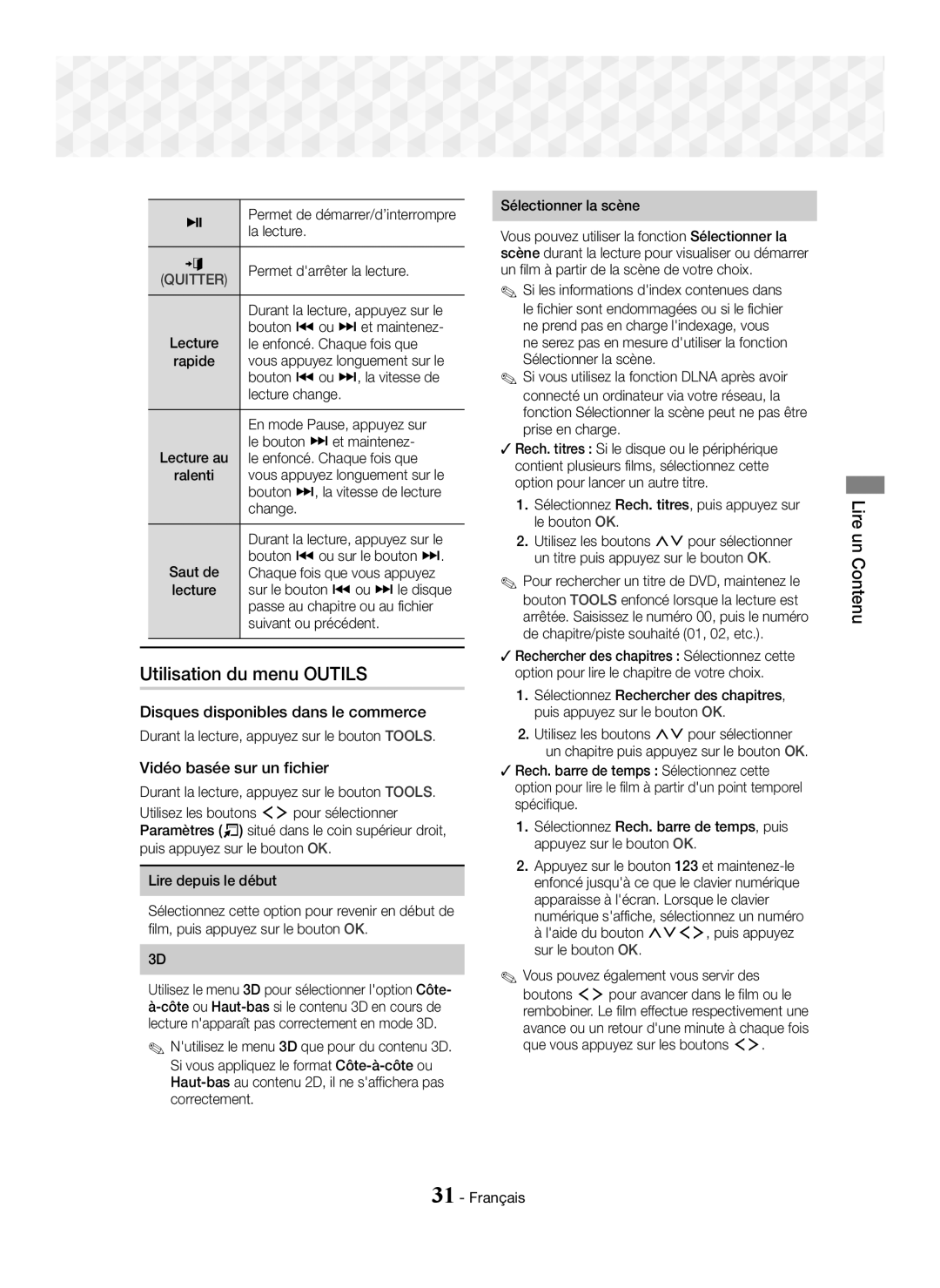 Samsung HT-J7750W/ZF manual Utilisation du menu Outils, Disques disponibles dans le commerce, Vidéo basée sur un fichier 