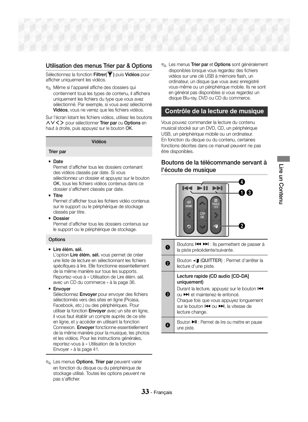 Samsung HT-J7750W/ZF, HT-J7500W/ZF manual Utilisation des menus Trier par & Options, Contrôle de la lecture de musique 