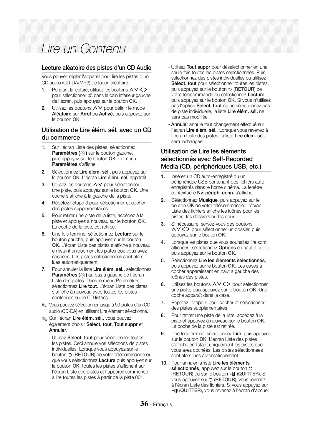 Samsung HT-J7500W/ZF Utilisation de Lire élém. sél. avec un CD du commerce, Lecture aléatoire des pistes d’un CD Audio 