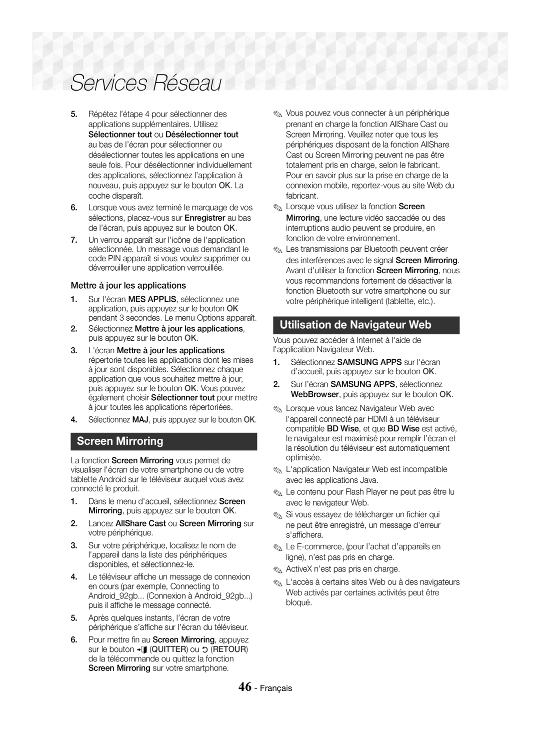 Samsung HT-J7500W/ZF, HT-J7750W/ZF manual Screen Mirroring, Utilisation de Navigateur Web, Mettre à jour les applications 