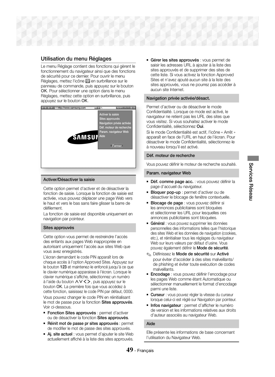 Samsung HT-J7750W/ZF manual Utilisation du menu Réglages, Activer/Désactiver la saisie, Navigation privée activée/désact 