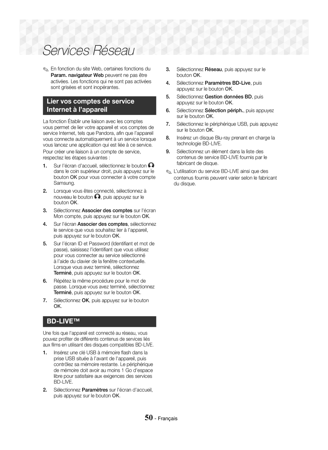 Samsung HT-J7500W/ZF Lier vos comptes de service Internet à l’appareil, Sélectionnez OK, puis appuyez sur le bouton OK 