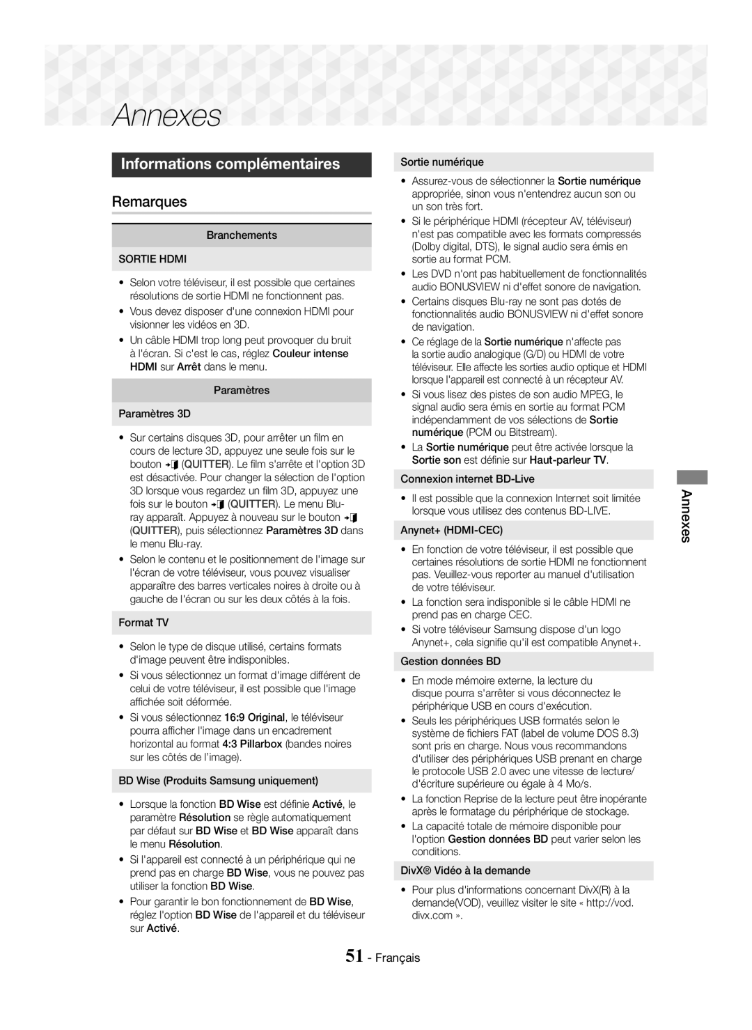 Samsung HT-J7750W/ZF, HT-J7500W/ZF manual Informations complémentaires, Remarques, Annexes, Branchements, Gestion données BD 