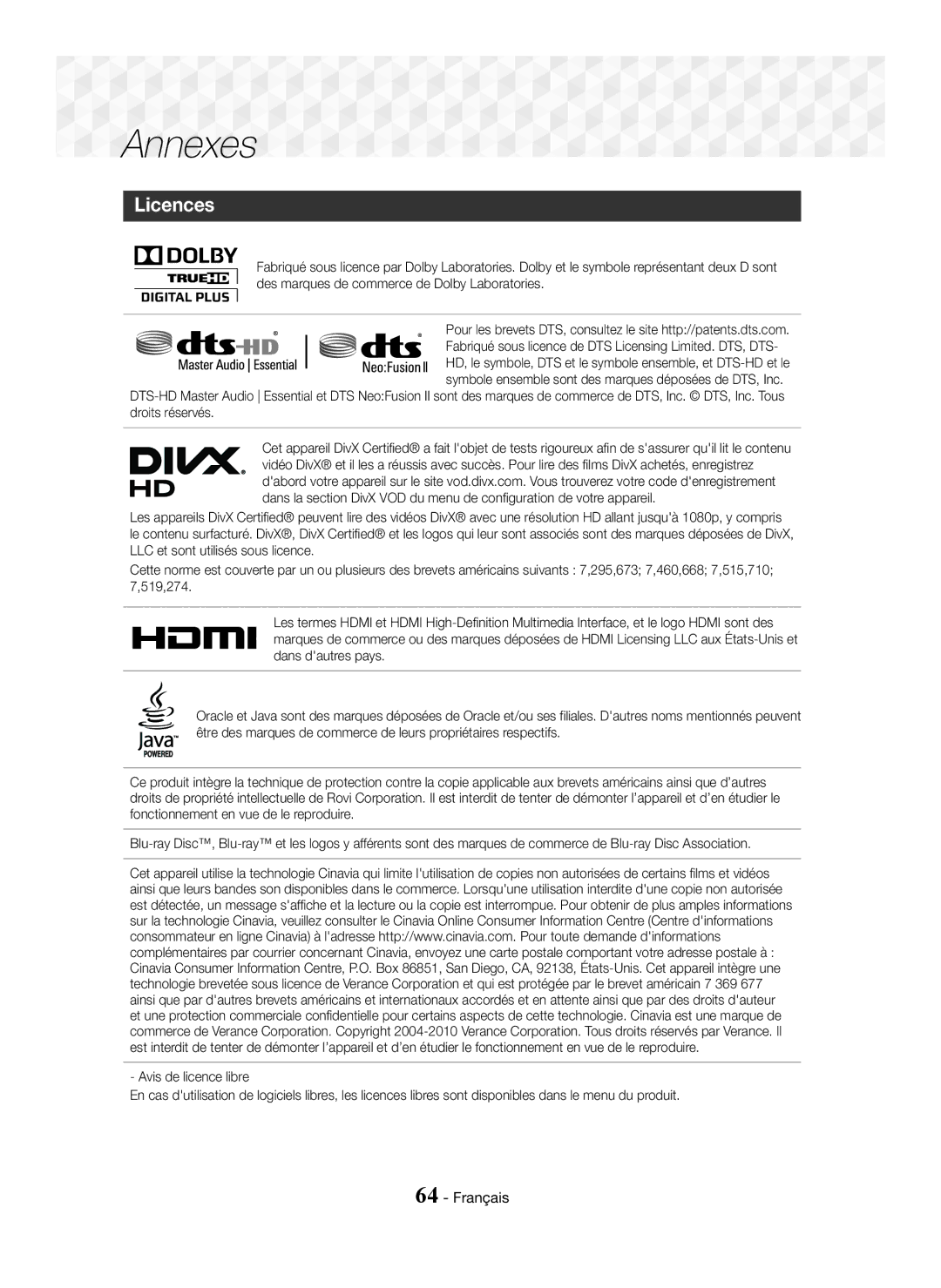 Samsung HT-J7500W/ZF, HT-J7750W/ZF manual Annexes, Licences 