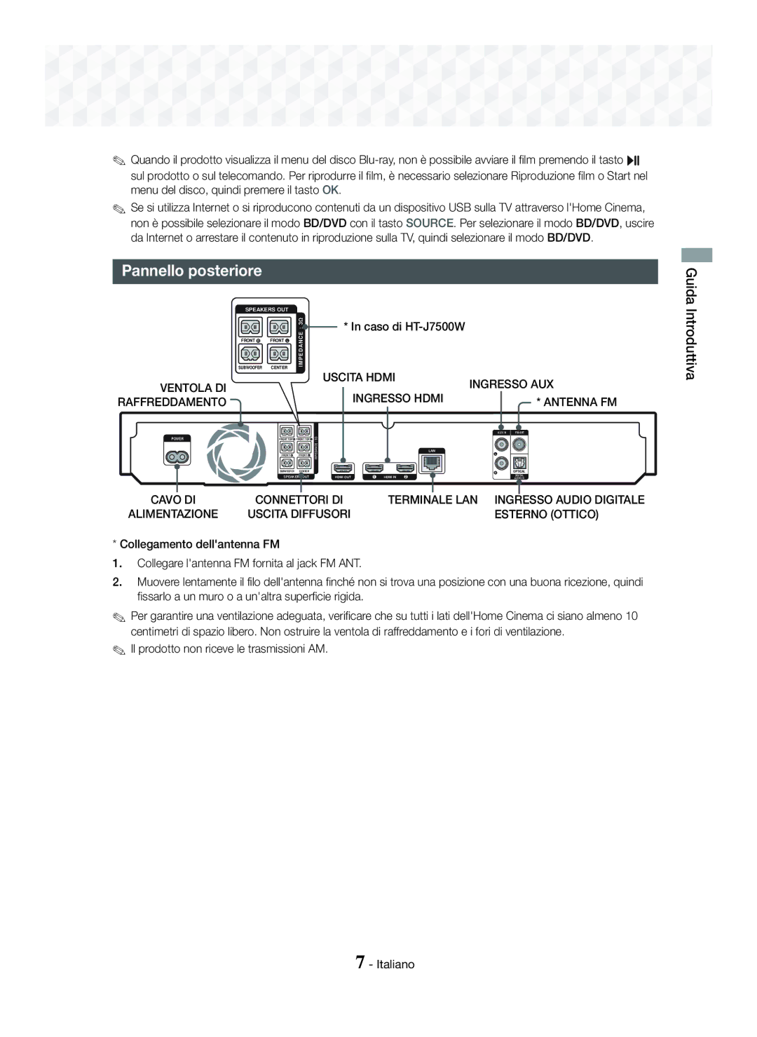 Samsung HT-J7500W/ZF manual Pannello posteriore, Il prodotto non riceve le trasmissioni AM, Ingresso AUX, Raffreddamento 