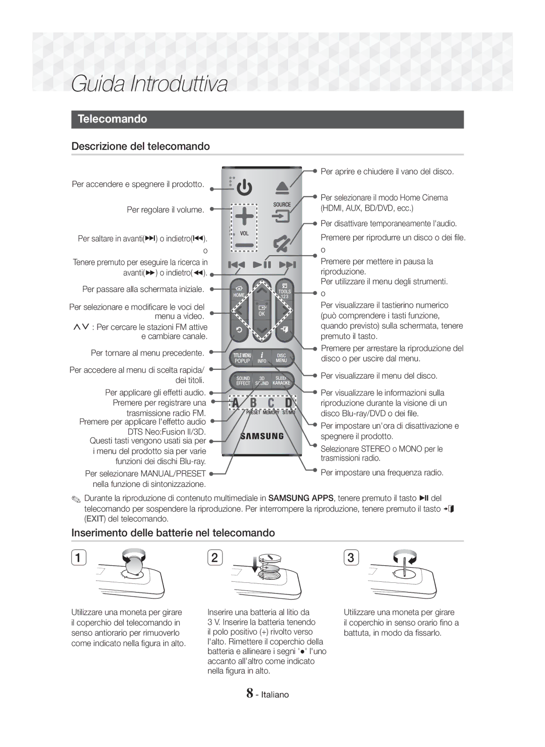 Samsung HT-J7750W/ZF, HT-J7500W/ZF Telecomando, Descrizione del telecomando, Inserimento delle batterie nel telecomando 