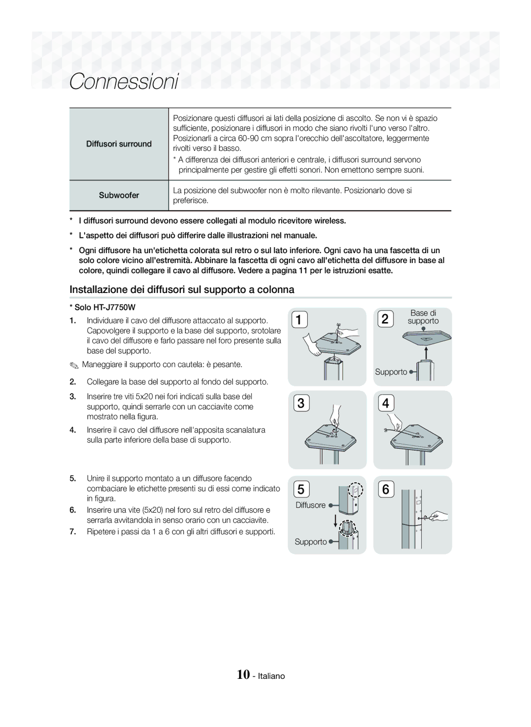 Samsung HT-J7750W/ZF manual Installazione dei diffusori sul supporto a colonna, Solo HT-J7750W, Diffusore Supporto Italiano 