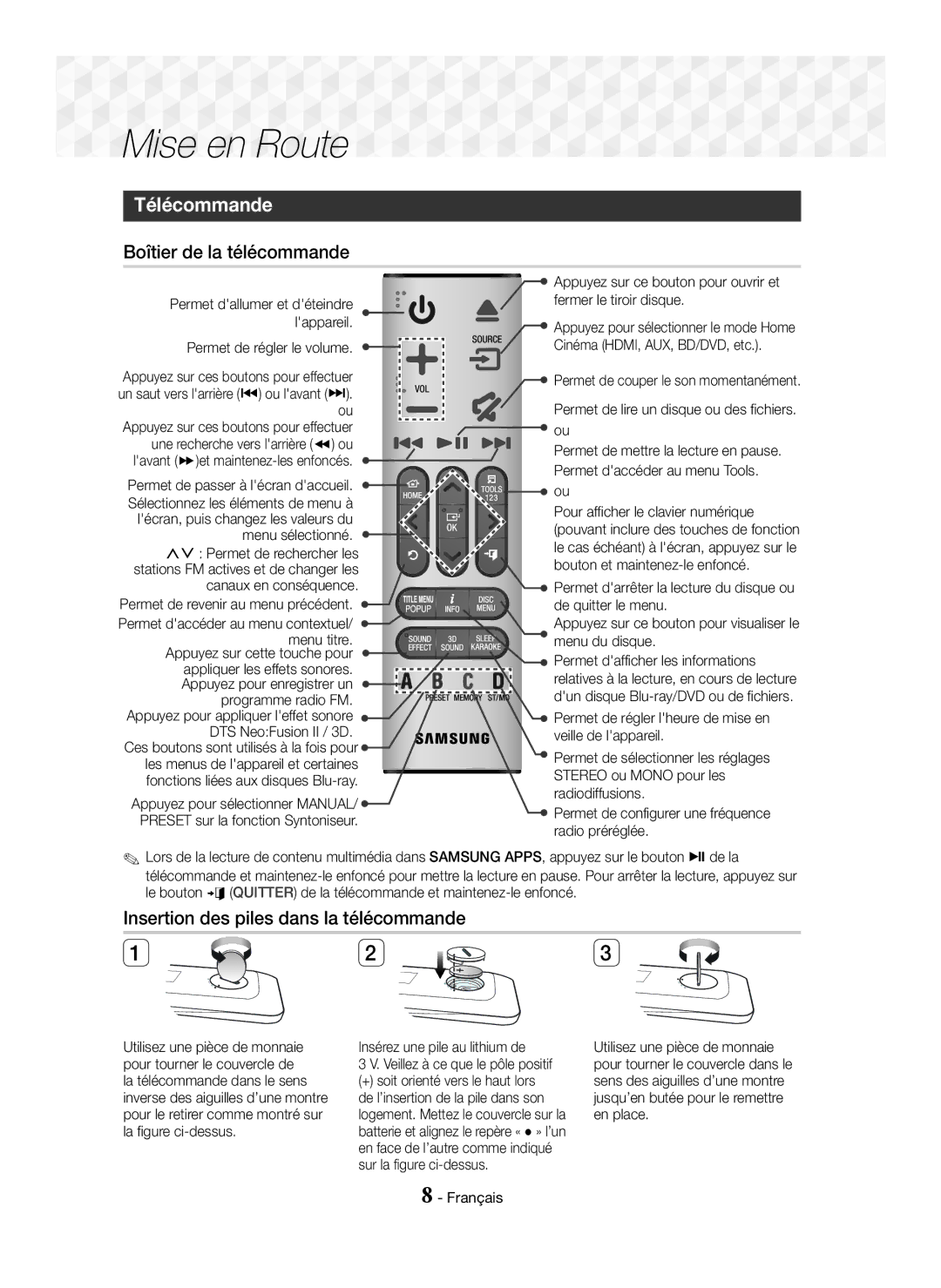 Samsung HT-J7500W/ZF Pour tourner le couvercle de, De l’insertion de la pile dans son, Pour le retirer comme montré sur 