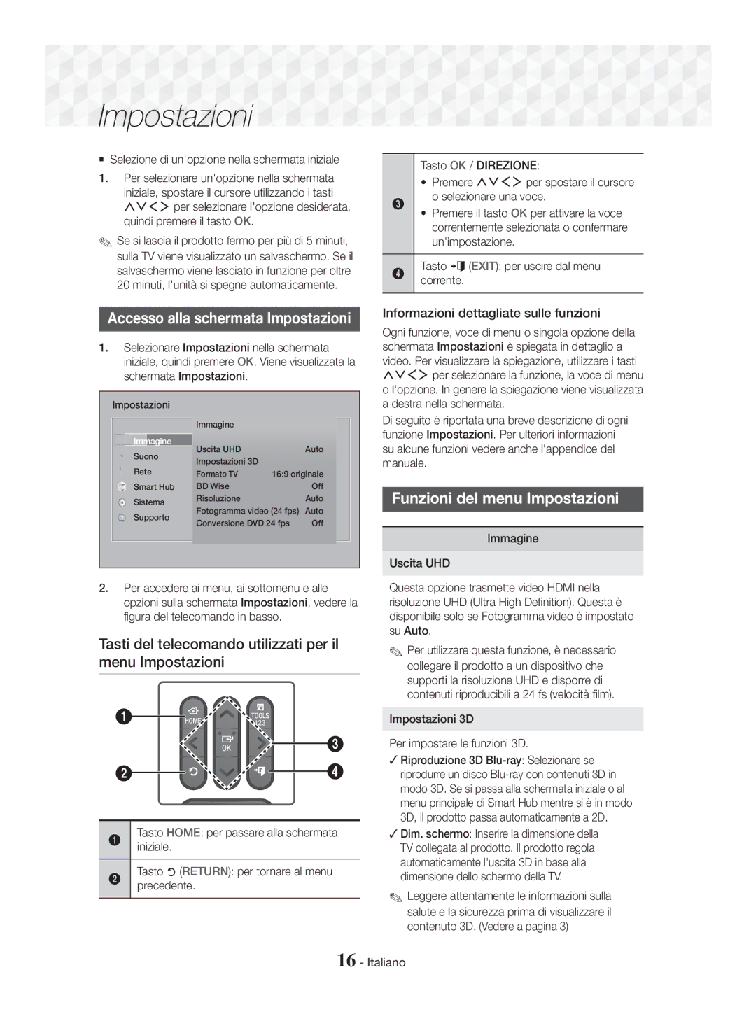 Samsung HT-J7750W/ZF manual Funzioni del menu Impostazioni, Tasti del telecomando utilizzati per il menu Impostazioni 