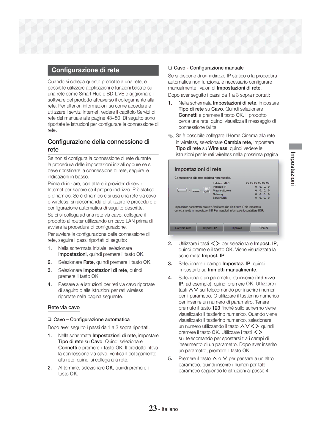 Samsung HT-J7500W/ZF Configurazione di rete, Configurazione della connessione di rete, Rete via cavo, Impostazioni di rete 