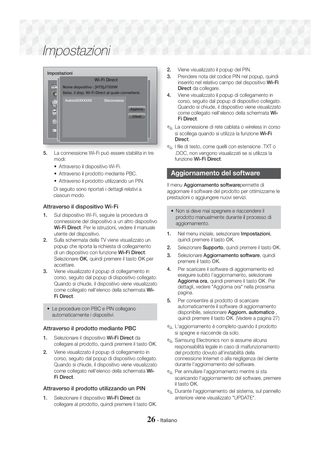 Samsung HT-J7750W/ZF Aggiornamento del software, Attraverso il dispositivo Wi-Fi, Attraverso il prodotto mediante PBC 