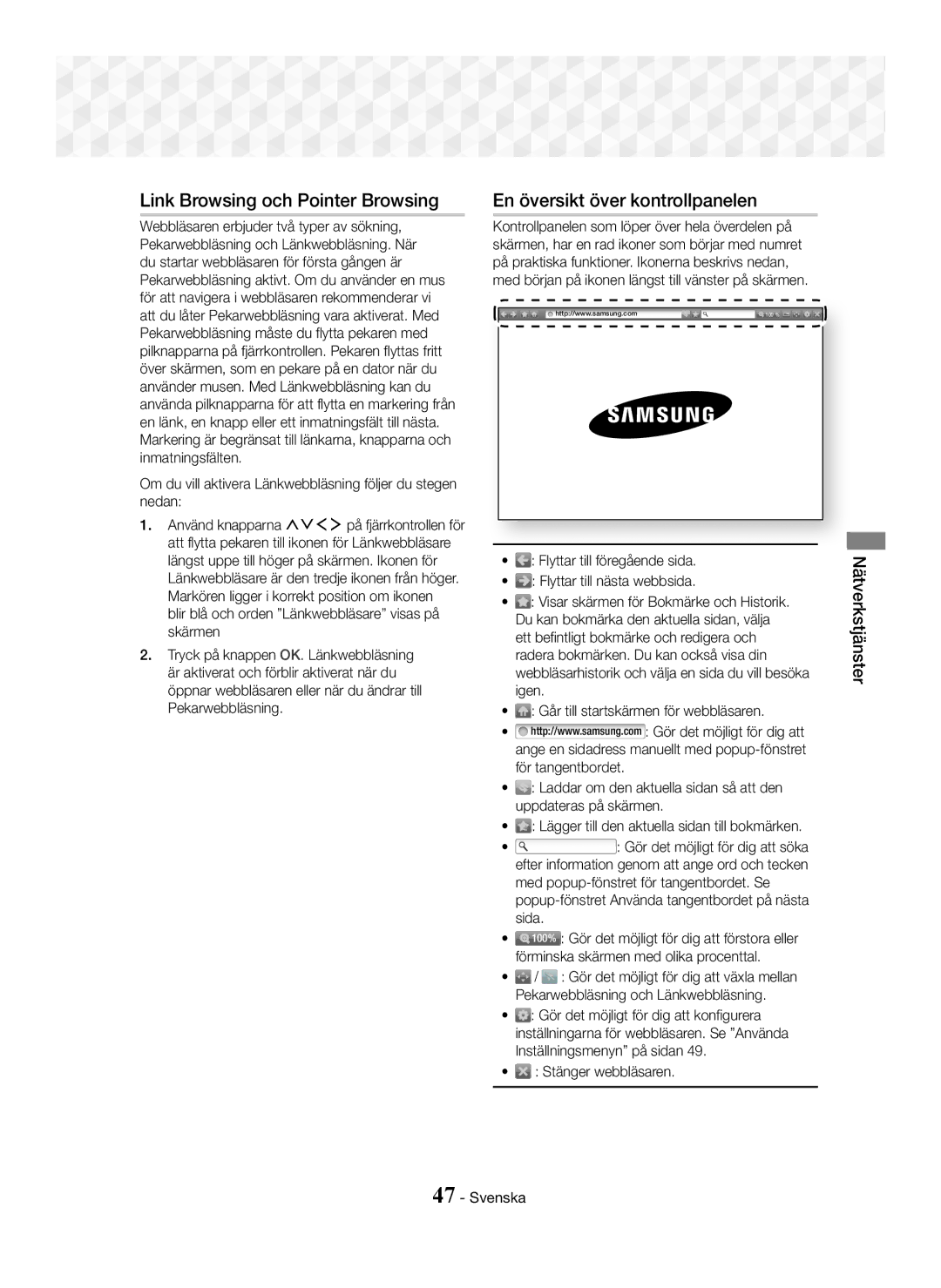 Samsung HT-J7750W/XE manual Link Browsing och Pointer Browsing, En översikt över kontrollpanelen, Stänger webbläsaren 