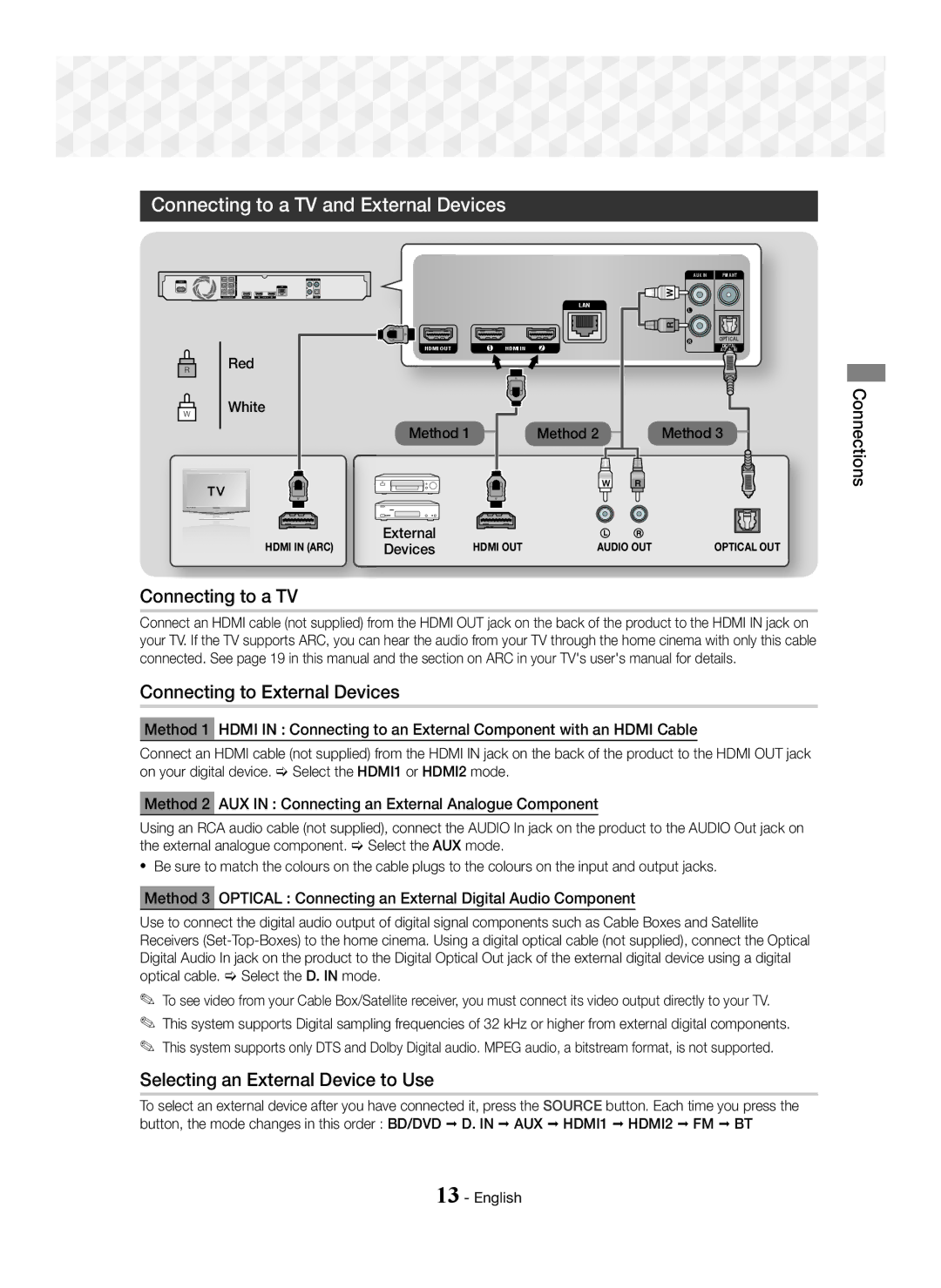 Samsung HT-J7500W/EN manual Connecting to a TV and External Devices, Connecting to a TV Connecting to External Devices 