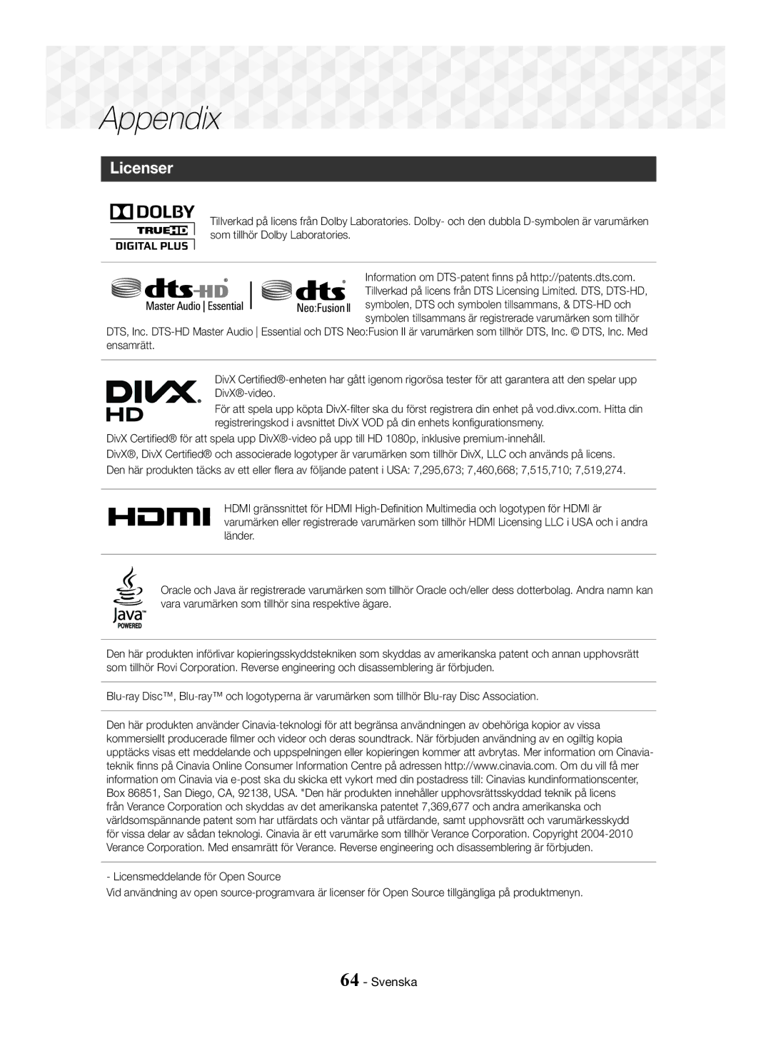 Samsung HT-J7500W/XE, HT-J7750W/EN, HT-J7500W/EN, HT-J7500W/ZF, HT-J7750W/ZF, HT-J7750W/XE manual Appendix, Licenser 