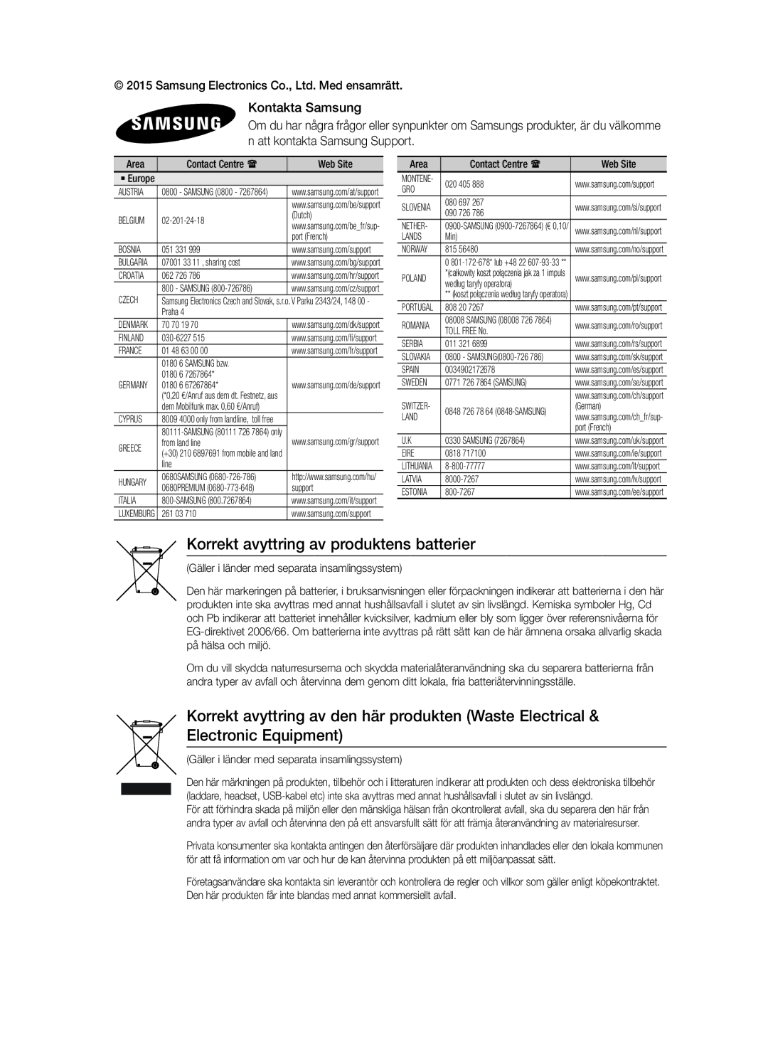 Samsung HT-J7750W/XE manual Korrekt avyttring av produktens batterier, Gäller i länder med separata insamlingssystem 