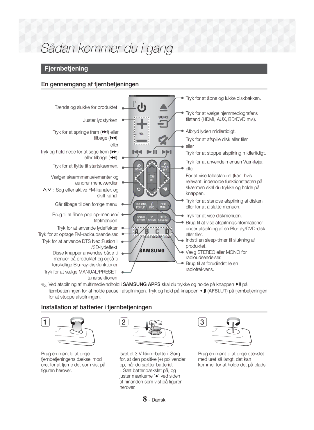 Samsung HT-J7500W/EN manual Fjernbetjening, En gennemgang af fjernbetjeningen, Installation af batterier i fjernbetjeningen 