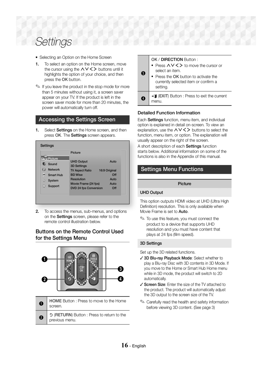 Samsung HT-J7500W/XE, HT-J7750W/EN Accessing the Settings Screen, Buttons on the Remote Control Used for the Settings Menu 