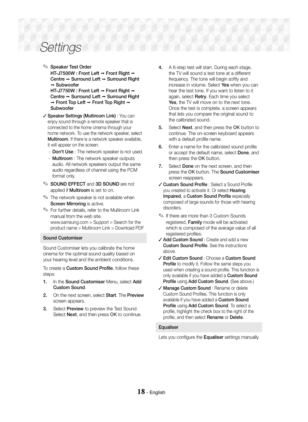 Samsung HT-J7750W/EN, HT-J7500W/EN, HT-J7500W/ZF, HT-J7750W/ZF, HT-J7500W/XE, HT-J7750W/XE manual Settings, Speaker Test Order 