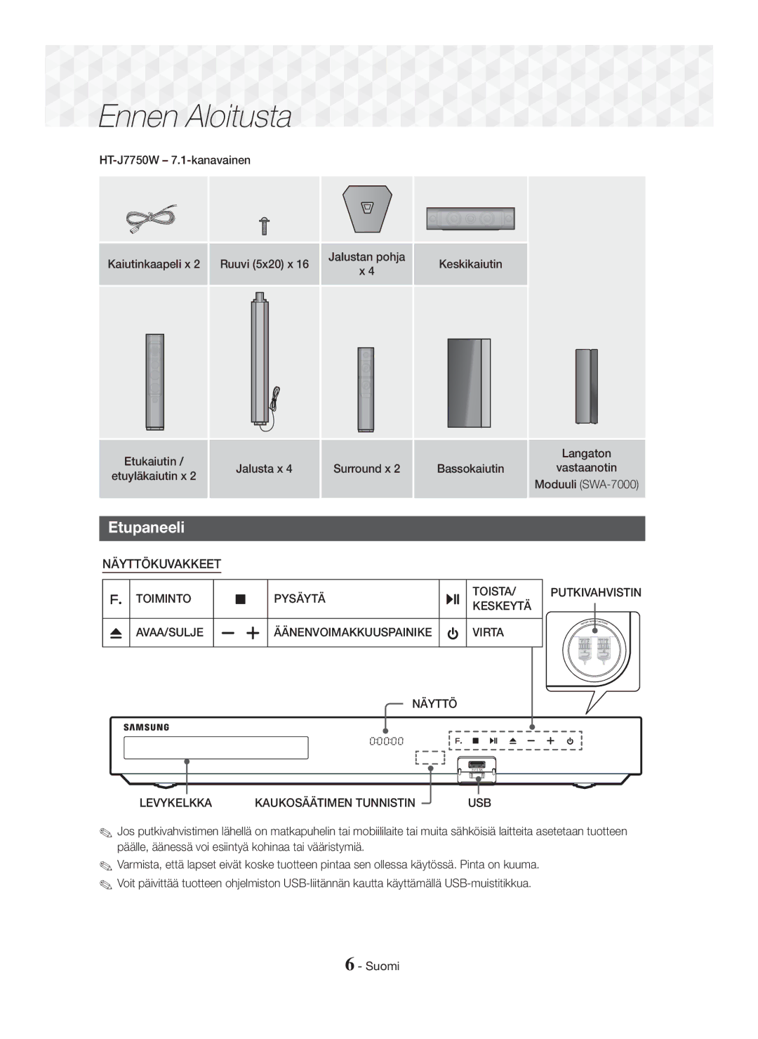 Samsung HT-J7500W/XE, HT-J7750W/EN, HT-J7500W/EN, HT-J7500W/ZF, HT-J7750W/ZF manual Etupaneeli, HT-J7750W 7.1-kanavainen 