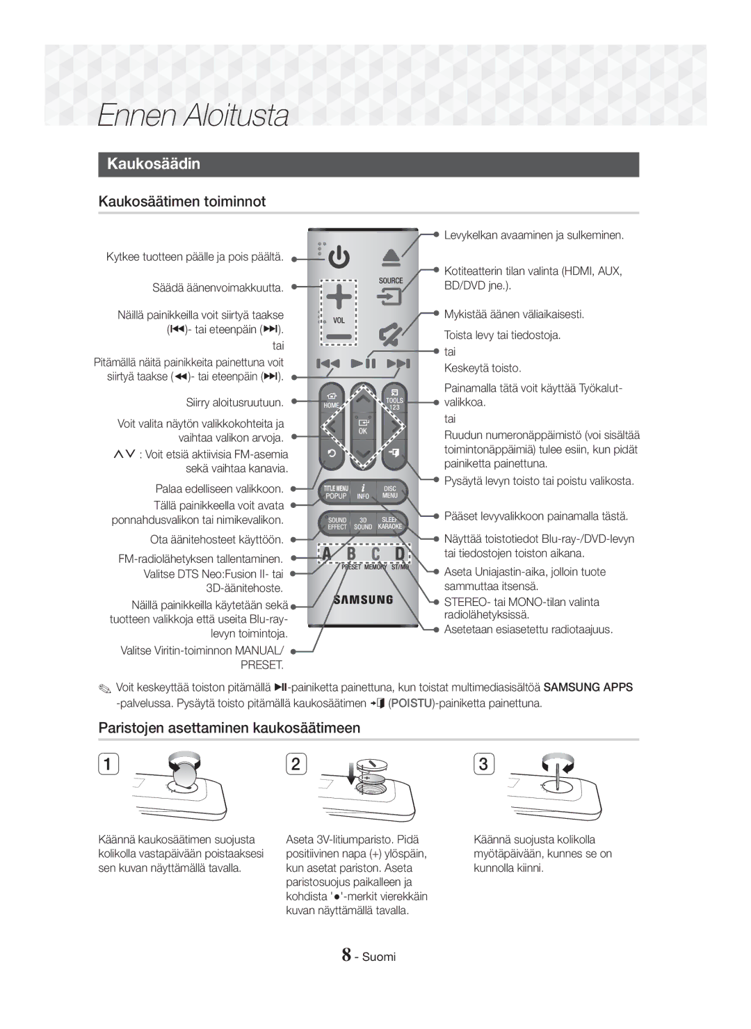 Samsung HT-J7750W/EN, HT-J7500W/EN manual Kaukosäädin, Kaukosäätimen toiminnot, Paristojen asettaminen kaukosäätimeen 